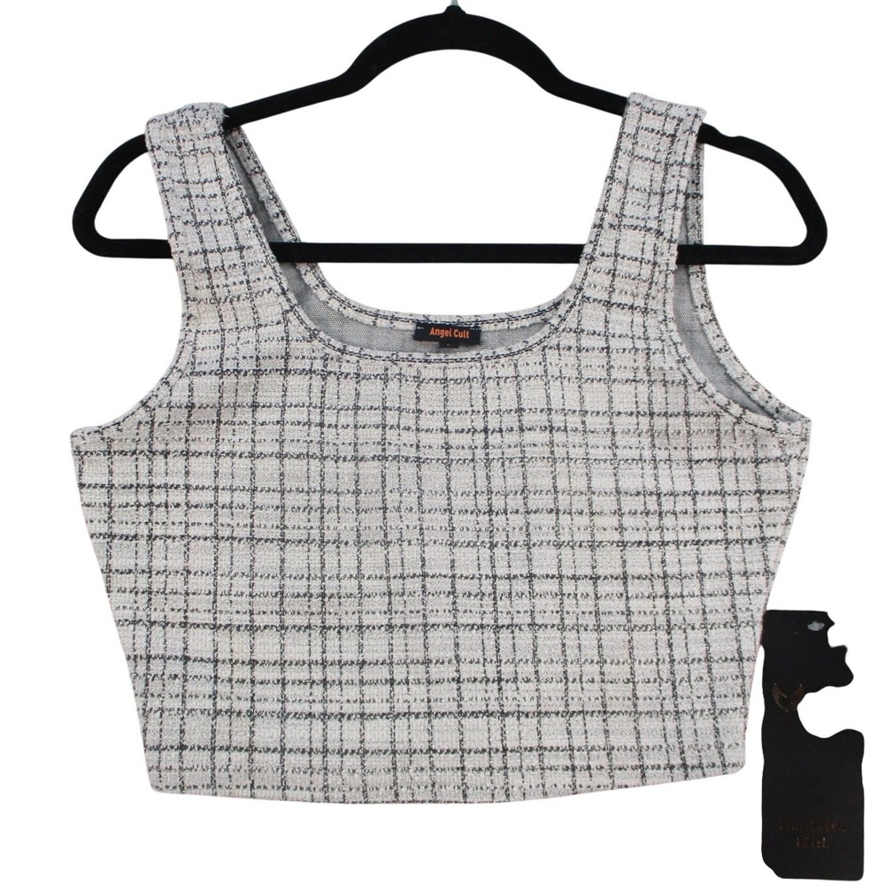 Angel Cult Womens Plaid Tweed Crop Top Black White Metallic BIS1024 L